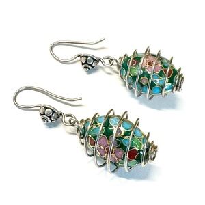 Vintage Cloisonné Sterling Silver Wrapped Dangle Earrings